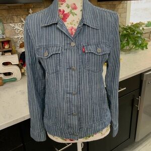 Levis Original Pinstriped Denim Trucker Jacket  Jean Shirt Womens Size Medium